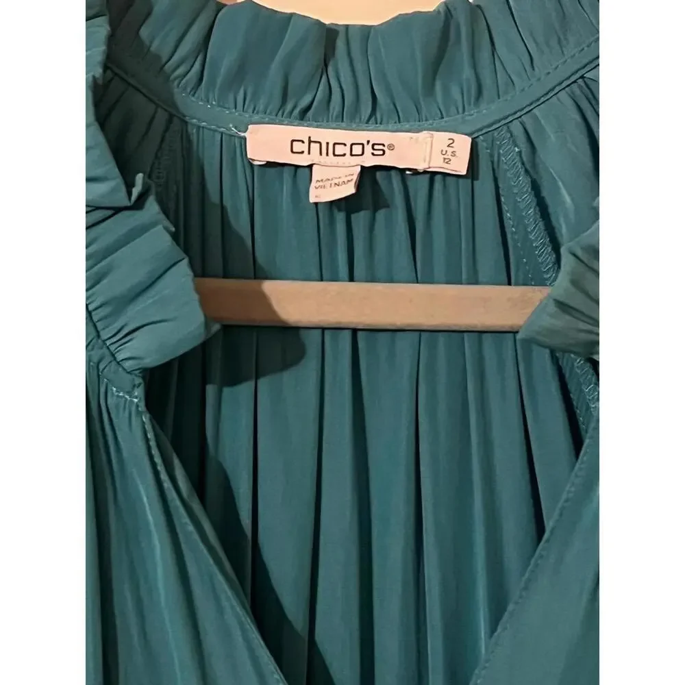 Chicos Maxi Dress 12 Green Bohemian Flowy Waist Tiered Lace - Picture 7 of 9